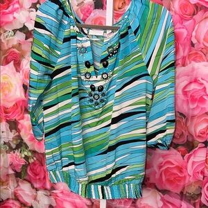 New York & Company Blue Green Striped Blouse $8